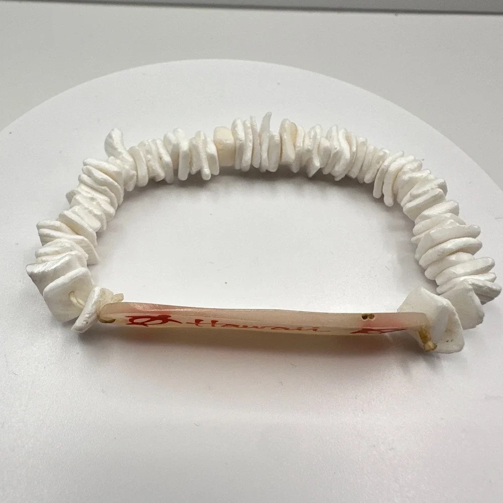 Vintage 90s‎ Hawaii Shell Heishe Bead Stretch Bracelet White Red Sea Turtle Honu